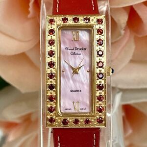 Marcel Drucker Red Gemstone Bezel Tank Style Watch with Pink MOP Dial